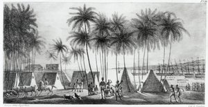 Hanarouroun satama Sandwichsaarilla, teoksesta Voyage Pittoresque around the World, kaiverrus G. Langlume (fl.1822-40) 1822 tekijältä Ludwig Choris