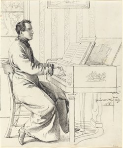 Grimm, Ludwig Emil
 Saksalainen, 1790 - 1863

Taiteilijan lanko, Ludwig Hassenpflug, valmistautuu soittamaan pianoa, 1826 (grafiittikynä ja mustaa tussia grafiitilla, vohvelipaperille).
