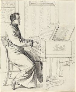 Taiteilijan lanko Ludwig Hassenpflug valmistautumassa soittamaan pianoa tekijältä Ludwig Emil Grimm