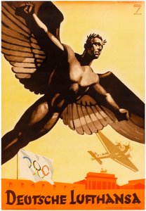 Deutsche Lufthansa, saksalaisen lentoyhtiön juliste vuoden 1936 olympialaisten mainostamiseksi natsi-Saksassa (juliste). tekijältä Ludwig Hohlwein