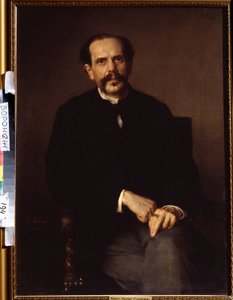 ""Miehen muotokuva"" Hän on pukeutunut mustaan ​​pukuun, sormessaan ritari. Ludwig Knausin (1829-1910) maalaus Ivan Kramskoy (tai Kramskoi) Kuvataidemuseo Voronezhissa (Voronezh), Venäjä. tekijältä Ludwig Knaus