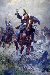 Eversti Maximilian Ritter von Rodakowski ja 13. uhlalaiset Custozan taistelussa 1866, 1908 (öljy pellavalle)