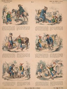 Hans in Luck (Grimmin veljien mukaan), nro 213 Muenchener Bilderbogenista, julkaissut Braun & Schneider, München, 1880 tekijältä Ludwig Voltz
