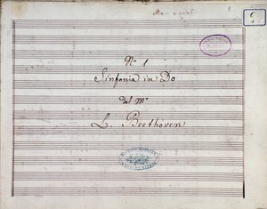 Ludwig van Beethovenin Sinfonia nro 1 ja C-duuri opus 21 nuottien ensimmäinen sivu tekijältä Ludwig van Beethoven