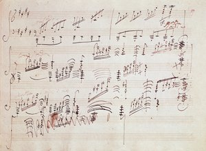 Nuotit saksalaisen säveltäjän Ludwig van Beethovenin (1770-1827) vuonna 1801 sävellettyyn kappaleeseen "" Sonata pour piano n* 14 en do diese minor" "" Sonata au clair de lune". House, Natale de Beethoven, Bonn. Saksa