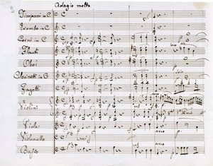 Saksalaisen säveltäjän Ludwig van Beethovenin (1770-1827) Sinfonia n:o 1 C-duuri (1799-1800) Milan Biblioteca del Conservatorio Milanon nuottilehti