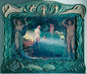 Ranta nuorten tyttöjen kanssa (öljy kankaalle) tekijältä Ludwig von Hofmann