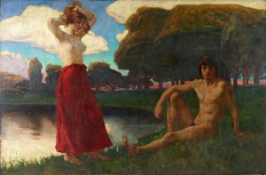 Idyll (mies ja nainen puolialastona maisemassa) tekijältä Ludwig von Hofmann