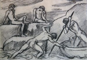 Alaston venemies ja nuoret vihreällä rannalla (grafiitti paperille) tekijältä Ludwig von Hofmann