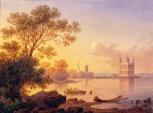 Näkymä vaaleanpunaisesta paviljongista (Ozerki) Peterhofissa (Pietari). Luigi Premazzin (1814-1891) teos, akvarelli paperille. 1800-luvun italialainen taide, akateemisuus. Pietarin valtion ulkoilmamuseo Pietarissa. tekijältä Luigi Premazzi