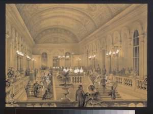 Keisarillisen teatterin Bolchoi Kammenyn portaikko Pietarissa. Luigi Premazzin (1814-1891) taideteos, akvarelli ja valkoinen paperille, noin 1850. Italian taide tekijältä Luigi Premazzi