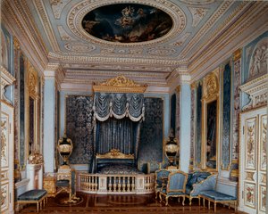 Näkymä tsaari Aleksanteri II:n (1818-1881) makuuhuoneesta Gatšinan palatsissa Luigi Premazzin (Ludwig Osipovich) (1814-1891) grafiikkaa 1800-luvun Pietari, Eremitaaši