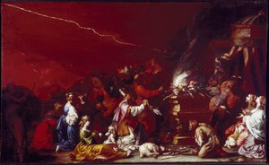 Sacrifice Scene Raamatun hahmot kokoontuvat uudelleen alttarin ympärille. Karitsa makaa alttarin juurella. Luigi Miradorin maalaus dit Il Genovesino (n. 1608-1655) 1600-luvun Parma, Galleria Nazionale