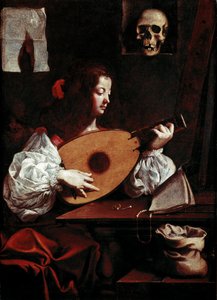 Luutun soittaja Partituurin lähelle asetetaan kaksi sormusta, neula ja kallo (vanitas) asetetaan telineeseen. Luigi Miradorin maalaus dit Il Genovesino (1600/10-1655/57) 1600-luvun Galleria di Palazzo Rosso Genes Italia