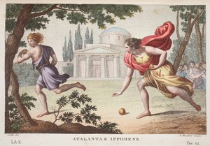Atalanta ja Hippomenes tai Atalanta e Ippomene, kirja X, kuvitus Ovidiuksen teoksesta Metamorphoses, Firenze, 1832 (käsin väritetty kaiverrus).