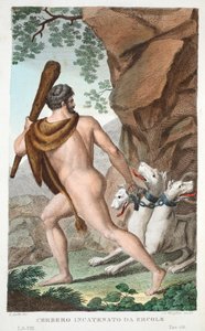 Hercules ja Cerberus tai Cerbero Incatenato da Ercole, Kirja VII, kuvitus Ovidian Metamorphosesista, Firenze, 1832 (käsinvärinen kaiverrus) tekijältä Luigi Ademollo