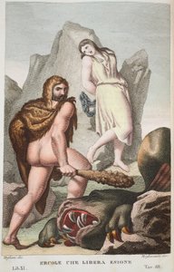 Hercules pelastaa Hesionen tai Ercole che Libera Enionen, Kirja XI, kuvitus Ovidiuksen muodonmuutoksista, Firenze, 1832 (käsinvärinen kaiverrus) tekijältä Luigi Ademollo