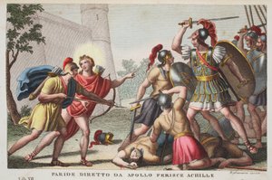 Paris Kills Achilles tai Paride diretto da Apollo Ferince Achille, kirja XIII, kuvitus Ovidian Metamorphosesista, Firenze, 1832 (käsinvärinen kaiverrus)