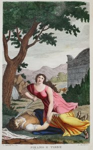 Pyramus ja Thisbe tai Piramo e Tisbe, Kirja IV, kuvitus Ovidian Metamorphosesista, Firenze, 1832 (käsinvärinen kaiverrus)