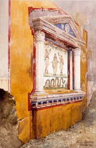 Perhealttarin lararium, nähty paikan päällä kaivauksen jälkeen, Aulus Vettiuksen talo, Pompeji, n. 36-39 jKr., 1895