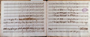 Kaksoissivu, jonka on allekirjoittanut Luigi Boccherinin konserton sellolle ja orkesterille E-sviitti partituurin kirjoittaja tekijältä Luigi Boccherini
