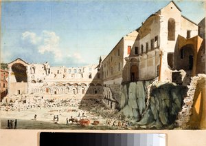 Pyhän Dominican kirkon ja luostarin purkutyömaa Genovassa (akvarelli, noin 1825) tekijältä Luigi Garibbo