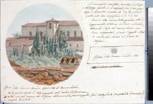 Teleskooppinäkymä San Salvatore al monten kirkolle Firenzen lähellä (piirustus ja akvarelli, n. 1833) tekijältä Luigi Garibbo