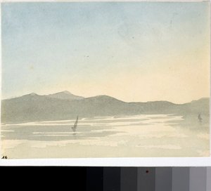 Näkymä järvelle aamunkoitteessa (akvarelli, n. 1825) tekijältä Luigi Garibbo