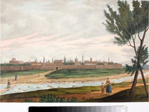 Näkymä muurien ympäröimään kaupunkiin, luultavasti Luccaan Toscanassa (muste ja akvarelli, n. 1820) tekijältä Luigi Garibbo