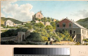 Näkymä kukkulalle ja Oreginan kirkolle, Genova (akvarelli, noin 1825) tekijältä Luigi Garibbo
