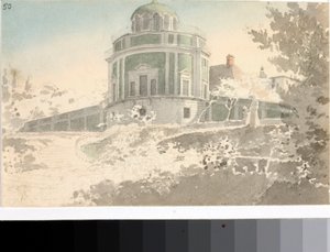 Näkymä Pavilion Kaffeehauselle Bobolin puutarhassa (akvarelli, noin 1825) tekijältä Luigi Garibbo