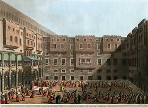 ""Mamelukit harjoittelevat Mourad Beyn palatsin pihalla, Tunisissa"" (Mamelukit harjoittelemassa Murad Beyn palatsin aukiolla) Luigi Mayerin (1755-1803) litografia - 1802 Koko 22,9x31,6 cm Yksityiskokoelma tekijältä Luigi Mayer