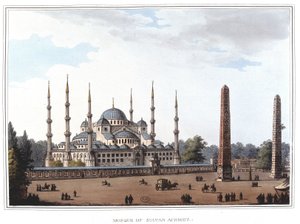 Sulttaani Ahmedin moskeija (1609-1616), Istanbul. "" Näkymät ottomaanien hallituksilla, Euroopassa, Aasiassa ja joillakin Välimeren saarilla"" alkuperäisistä piirustuksista, jotka on ottanut Luigi Mayer, Lontoo tekijältä Luigi Mayer
