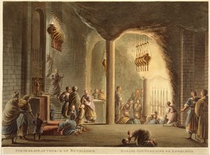 Betlehemin maanalainen kirkko, julkaisusta Views of Palestine, Vol.II, julkaisija R. Bowyer Historic Gallery, Lontoo, 1803 (värillinen akvatinta) tekijältä Luigi Mayer