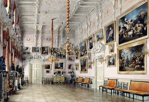 Tanssisali kreivi Bezborodkon talossa, Pietari, 1849 (kynä, sivellin, wc, muste ja valkoinen väri paperille, 1849 (kynä, sivellin, wc, muste ja valkoinen väri paperille) tekijältä Luigi Premazzi