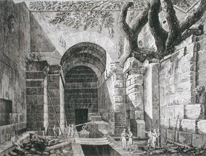 Roomalaiset jäännökset Castel Gandolfossa, Albano-järvellä, julkaisusta "The Antiquities of the Contours of Rome", julkaistu 1824-26 (etsaus)