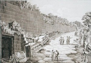 Roomalainen tie Tusculoon, sen ensimmäisen kaivauksen jälkeen vuonna 1825, kirjasta "Le Antichita dei contorni di Roma", julkaistu 1824-26 (etsaus)