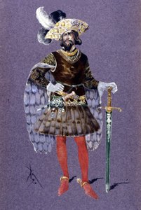 Sininen parta. piirros Luigi Sapelli Caramba (1865-1936) vuodelta 1910 Paul Dukasin oopperaan Ariane ja sininen parta