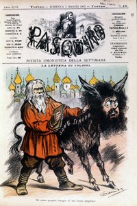 Luigi Sapelli Caramban (1865-1936) sarjakuva Tolstoista Tolstoin Pyhälle istuimelle lähettämästä kirjeestä. Pasquinon kansikuva 5.5.1901.