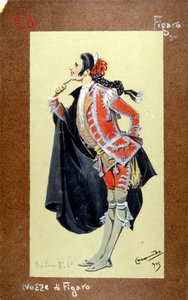 Esitys Figaron hahmosta, Wolfgang Amadeus Mozartin "Figaron häät" 1786. Puku Luigi Sapelli Caramba (1865-1936)