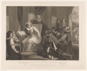 Kuningatar Elisabet saa tiedon kuningatar Marian kuolemasta Kuningatar Elisabet vastaanottaa uutisen sisarensa Queen Maryn kuolemasta (otsikko esineessä)