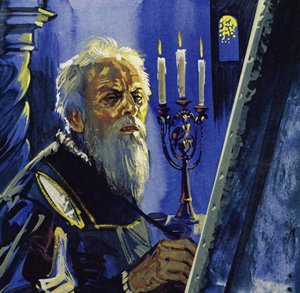 75-vuotiaana Tizianin näkö heikkeni (värilitografia). tekijältä Luis Arcas Brauner