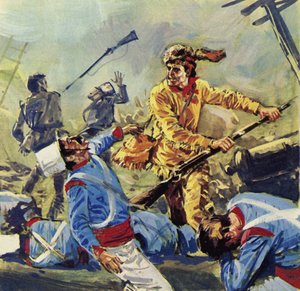 Davy Crockett kaatui lopulta meksikolaisten lakkaamattomiin hyökkäyksiin (värilitografia). tekijältä Luis Arcas Brauner