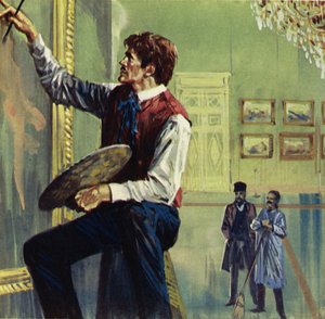 Delacroix työskentelee kankaansa parissa Pariisin salongissa (värilitografia).
