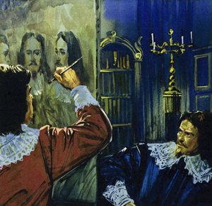 Kuningas Kaarle I kutsui Van Dyckin Englantiin maalaamaan hänen muotokuvansa (värilitografia). tekijältä Luis Arcas Brauner