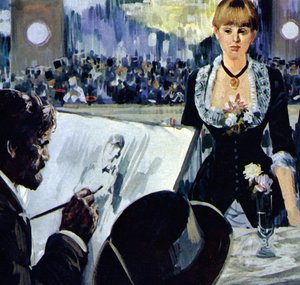 Manet maalaa Folies-Bergeren baaritiskin takana olevaa tyttöä (värilitografia). tekijältä Luis Arcas Brauner