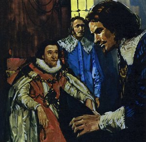 Van Dyck tuli Arundelin jaarlin tietoisuuteen, joka esitteli hänet kuningas Jaakko I:lle (värilitografia). tekijältä Luis Arcas Brauner