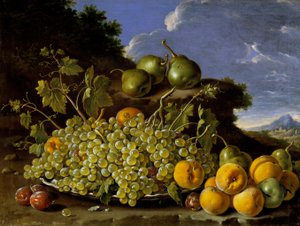 Asetelma, jossa on lautasellinen viinirypäleitä, persikoita, päärynöitä ja luumuja maisemassa, noin 1771.