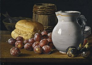Asetelma luumujen, viikunoiden, leivän ja kannun kera, 1700-luvun toinen puoli