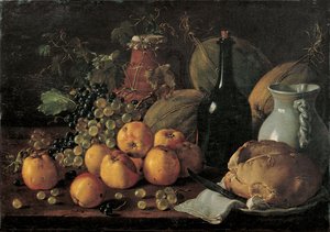 Asetelma, jossa on omenoita, viinirypäleitä, meloneja, leipää, kannu ja pullo tekijältä Luis Egidio Melendez